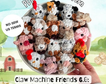 Barn&buddies no-sew crochet PDF pattern, Claw Machine Friends 6.0, tiny plushies, farm cow horse sheep hen dog pig highland amigurumi