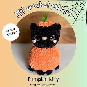May include: A black and orange crochet Pumpkin Kitty plushie. The plushie has a black head with large eyes and a pumpkin-shaped body. The image includes the text "PDF crochet pattern", "NO-SEW US TERMS", and "Pumpkin Kitty by @SimplySima_crochet".