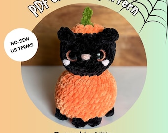 Pumpkin Kitty no-sew crochet PDF pattern, Halloween amigurumi, medium size advanced beginner plushie