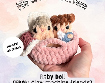 Baby Doll essentials pack (Claw Machine Friends), no-sew crochet PDF pattern, tiny amigurumi plushies