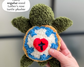 Crochet Sea Turtle Fluffy Plushie with Luther's Rose, Lutheran Gift