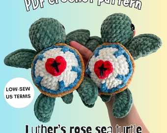 Luther's rose sea turtle crochet PDF pattern, intermediate, low-sew, lutheran amigurumi plushie, luther's crest stuffie