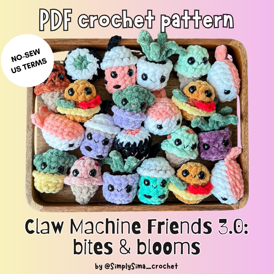 Bites&blooms no-sew crochet PDF pattern, Claw Machine Friends 3.0, tiny size plushies, cactus hamburger sushi icecream bubble tea amigurumi