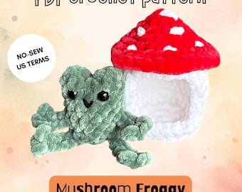 Mushroom Froggy (Claw Machine Friends), no-sew crochet PDF pattern, tiny amigurumi plushies