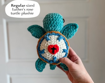 Plush crochet amigurumi turtle stuffie with Luther's rose on its shell, lutheran plushie toy, regular size