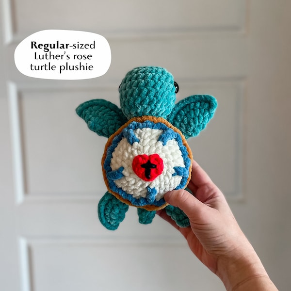 Plush crochet amigurumi turtle stuffie with Luther's rose on its shell, lutheran plushie toy, regular size