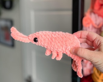 Crochet small shrimp plushie, handmade prawn stuffie, personalised colours, amigurumi toy made with chenille yarn, zombie shrimp