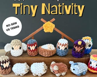 Tiny Nativity no-sew crochet PDF pattern, tiny size plushies, Christmas Scene, Baby Jesus Manger Mary Joseph Angel Three wise men Sheep Cow