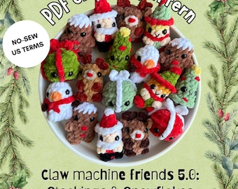 Stockings&snowflakes no-sew crochet PDF pattern, Claw Machine Friends 5.0, tiny size plushies, christmas santa gingerbread snowman amigurumi