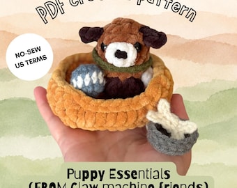 Puppy Essentials from Claw Machine Friends, no-sew crochet PDF pattern, tiny amigurumi plushies