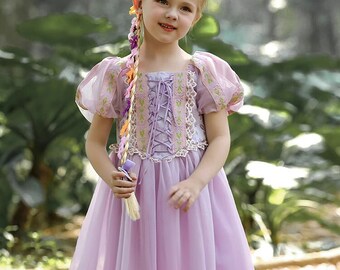 Lila verschlungenes Rapunzel Prinzessinnenkleid Kostüm mit Goldrand | Dress up Cosplay Party Kostüm für Kinder Mädchen Kleinkinder