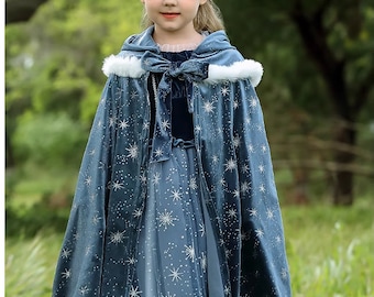 Bleu Shimmer Sparkle Frozen Elsa Princess Cape à capuche Cape chaude| Déguisement de cosplay pour enfants filles tout-petits