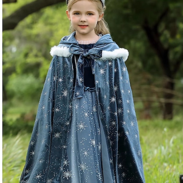 Blue Shimmer  Sparkle Frozen Elsa Princess Hooded Cape Warm Cloak|  Dress up Cosplay Costume for Kids Girls Toddlers