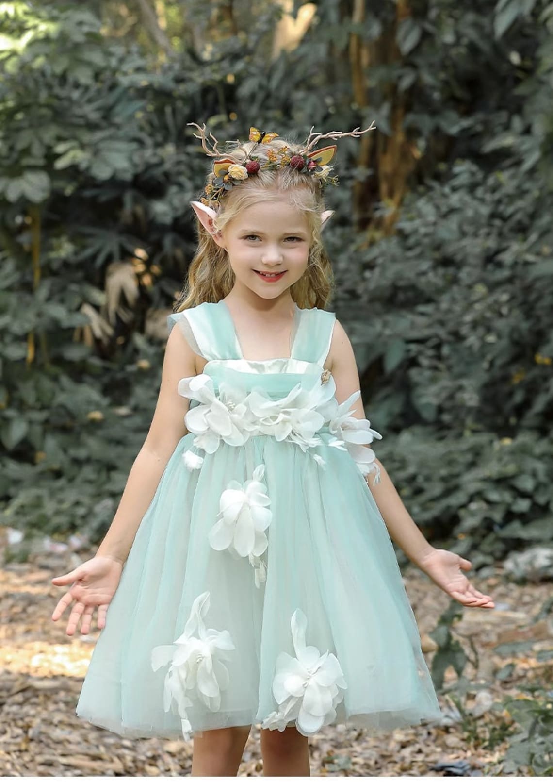 Green Tulle Sleeveless with Flowers Fairy Princess Dress Dress up Costume for Kids Girls Toddlers imagem 1