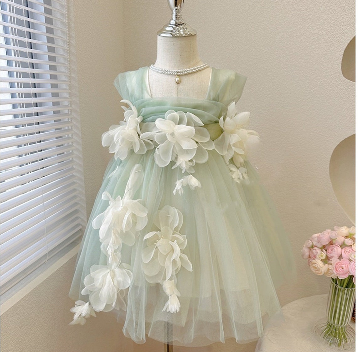 Green Tulle Sleeveless with Flowers Fairy Princess Dress Dress up Costume for Kids Girls Toddlers imagem 4