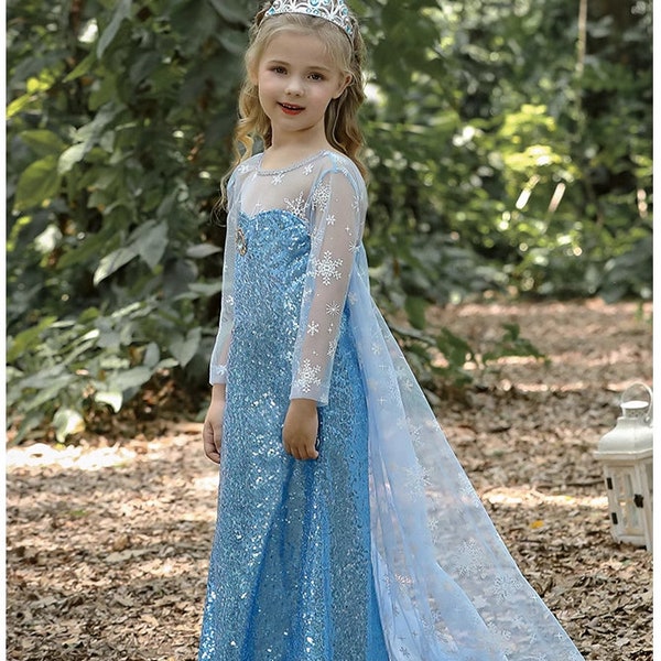 Blue Shimmer Sequin Sparkle  Frozen Elsa Princess Dress With Train and Cape|  Dress up Costume for Kids Girls Toddlers