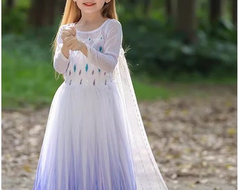 Blue White Shimmer Sequin Sparkle  Frozen Elsa Princess Dress With Cape|  Dress up Costume for Kids Girls Toddlers