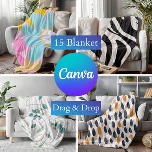 Pacote de 15 modelos de cobertor Canva, cobertor de pelúcia Minky de veludo, modelos de arrastar e soltar, sobreposição PNG Canva, modelo transparente Printify em branco