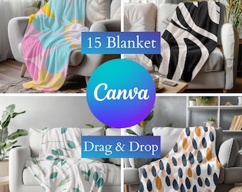 15 ブランケット Canva モックアップ バンドル、ベルベット プラッシュ ミンキー ブランケット、ドラッグ アンド ドロップ モックアップ、PNG Canva オーバーレイ、透明な空白の Printify モックアップ