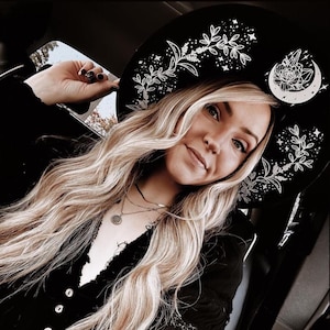 Rose Moon Crystal Fedora Wide Brim Hat, Witch hat, Fairy Fairies Gothic Witchy Festival Outdoor Halo Crown Hat