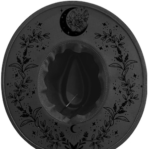 Shadow Floral Moon Crystal Fedora Wide Brim Hat, Witch hat, Fairy Fairies Gothic Witchy Festival Outdoor Halo Crown Hat