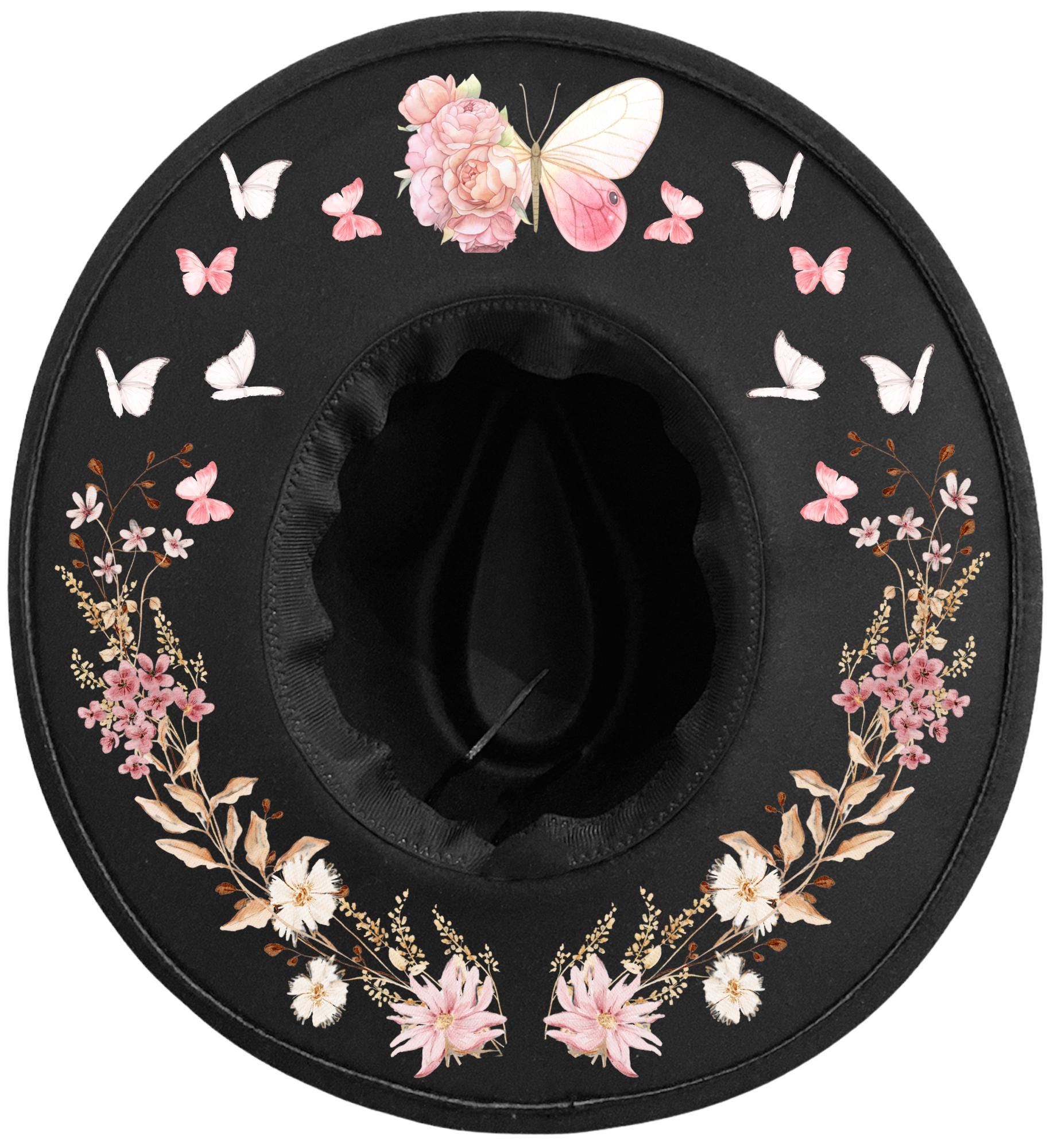Butterflies Floral Sun Fedora Wide Brim Hat, Western Cowgirl Hat, Fairy Fairies Festival Outdoor Halo Crown Hat, Sun Hat, Green Witch Spring