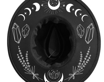 Crystal Moon Phase Fedora: Vegan Felt Wide Brim Witch Hat