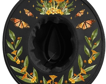 Brown Floral Mushroom Butterfly Fedora Wide Brim Hat, Western Cowgirl Hat, Fairy Fairies  Festival Outdoor Halo Crown Hat