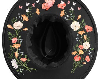 Butterflies Floral Sun Fedora Wide Brim Hat, Western Cowgirl Hat, Fairy Fairies Festival Outdoor Halo Crown Hat, Sun Hat, Green Witch Spring