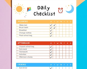 Liste de contrôle quotidienne pour enfants | Liste de tâches scolaires modifiable | Agenda pour enfants | Tableau des corvées | PDF modifiable | Horaire imprimable