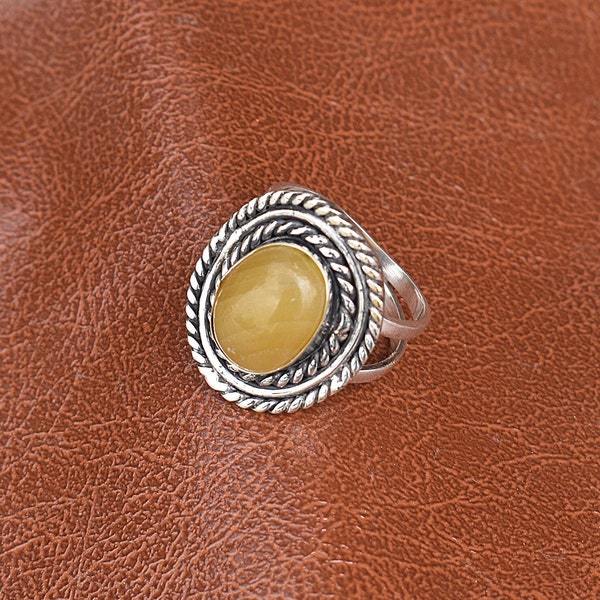 Natural Yellow Jade Rings, Yellow Jade Ring For Women's, Handmade Gemstone Jewelry, 925 Sterling Silver Oxidized Ring, Mother's Day Ring