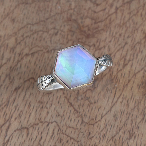 Leaf Aura Opal 925 Sterling Silver Ring\ Hexagon Gemstone Jewelry Gift For Wedding Anniversary\ Natural Aura Opal Ring\ Birthstone Jewelry