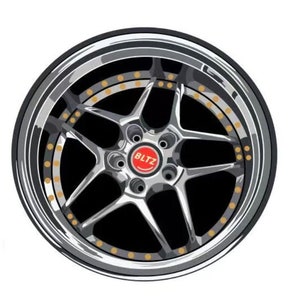 May include: A silver and black car wheel with a red and white "BLTZ" logo in the centre. The wheel has five spokes and a gold rim.