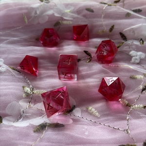Handmade Sharp Edge Dnd Dice, 7 Piece Set - Clear Resin Dice with Red Ink Swirl and Red Numbers - Ruby Vortex