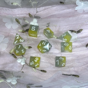 Handmade Sharp Edge DnD Dice, 9 Piece Set - Green and Yellow Resin with White Numbers - Zestbound