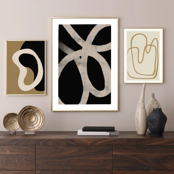 Set of 3 abstract poster prints, wall line art, neutral colours, illustrations, midcentury modern, bohoo, beige, interior design, styling