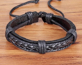 Clasp Handmade Natural Braided Mens Long Leather Bracelet