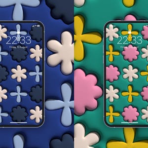 Könnte beinhalten: Zwei iPhone-Mockups, die ein Handy-Hintergrundbild mit einem Muster aus bunten abstrakten Blumen zeigen. Das Hintergrundbild auf dem linken Telefon ist blau mit weißen und hellblauen Blumen. Das Hintergrundbild auf dem rechten Telefon ist grün mit rosa, weißen und gelben Blumen. Die Uhrzeit auf beiden Telefonen ist 22:33.