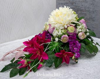 Grabgesteck auf Schale mit Kunstblumen, Orchideen Grabschmuck 75cm Gesteck Grabdeko schwarz weiß rosa