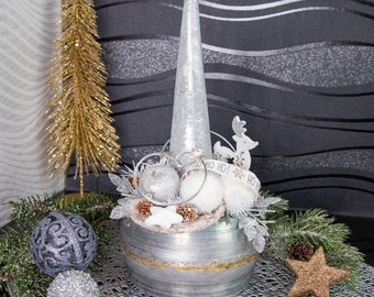 Tischgesteck Weihnachtsgesteck in Metallschale mit Kerze Kunstgesteck Gesteck 29cm