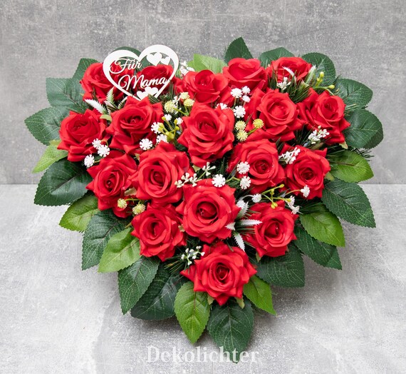 Grabschmuck Herz Mit Rose 'Ich Vermisse Dich' – Kunststein-Herz 12,5x11,7x1,6 Cm Für Grabgestecke