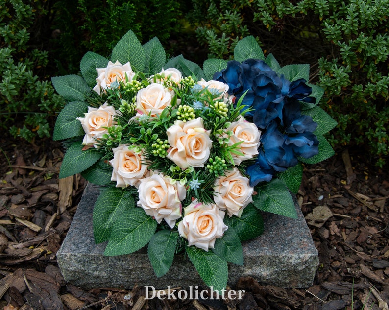 Grabgesteck Herz Grabschmuck Grabherz Gesteck 36cm Kunstgesteck Blau Orange