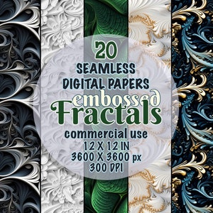 Puede incluir: 20 papeles digitales sin costuras con diseños fractales en relieve en varios colores, incluyendo negro, blanco, verde, dorado y azul. Cada papel mide 12 pulgadas por 12 pulgadas y 3600 píxeles por 3600 píxeles a 300 DPI.