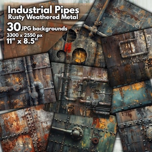 May include: A collection of 30 digital backgrounds featuring rusty weathered metal with industrial pipes. The backgrounds are 3300 x 2550 pixels and measure 11 inches by 8.5 inches.