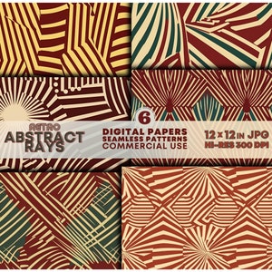 Retro Abstract Rays Digital Papers Printable Stylized Retro Sunbeams Seamless Patterns