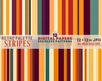 Retro Palette Vertical Stripes Digital Papers Printable 60s 70s Striped Seamless Patterns