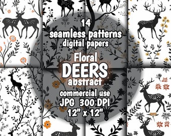 Floral Deers DIGITAL Papers, Flowers & Antlers SEAMLESS Patterns, Forest Animals Backgrounds Bundle