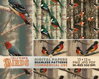 Colorful Birds SEAMLESS Patterns Printable Birds DIGITAL Papers