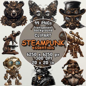 Steampunk CLIPART Bundle Urso Gato Pássaros Chaves Motores Raposa Janelas Portas Máquinas de escrever Clip Art Conjunto de 99 PNG Fundo Transparente Sublimação