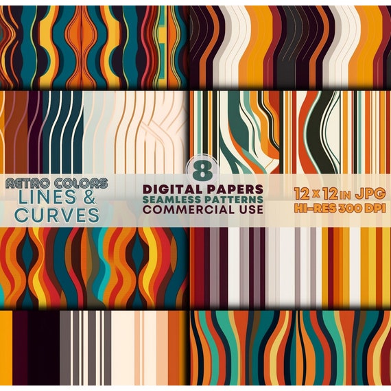 Retro Lines & Curves Digital Papers Printable Retro Striped Seamless Patterns Backgrounds